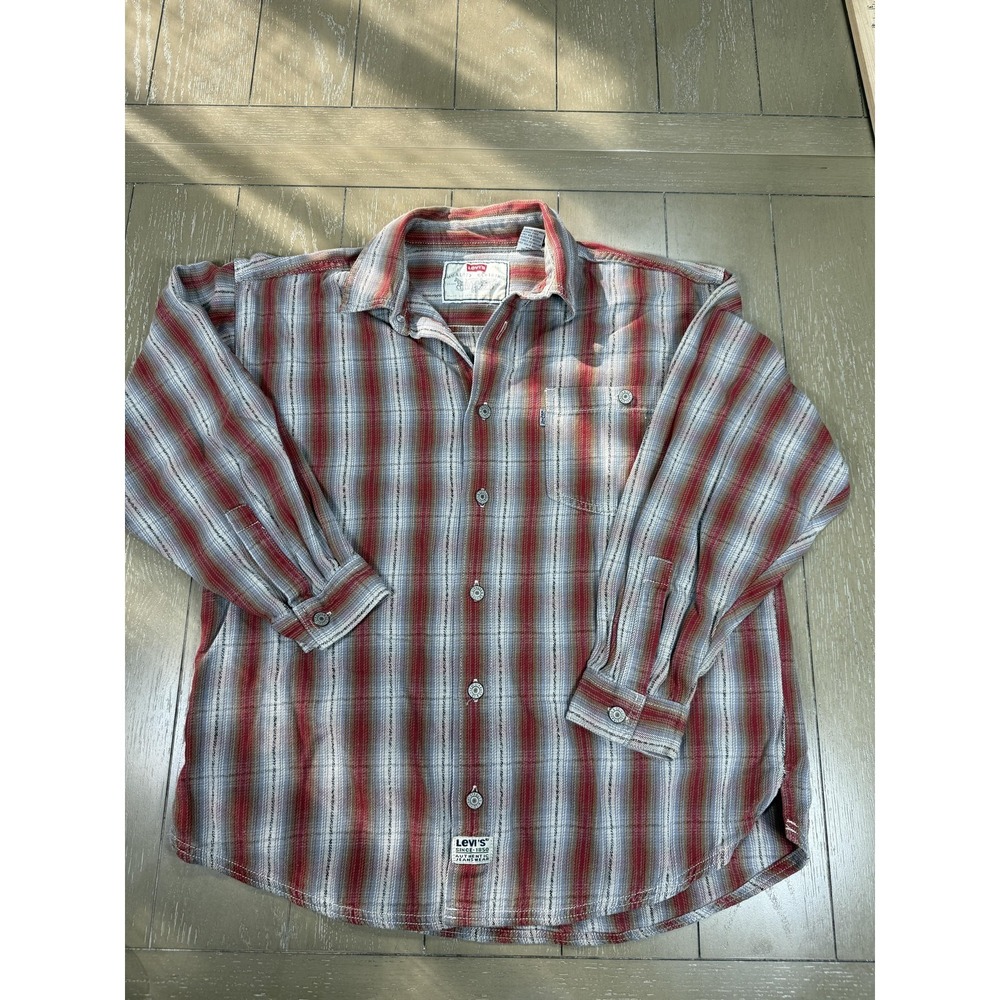 Levi's Shirt‎ Mens Large Red Striped Flannel Long Sleeve Button Up Casual Pocket